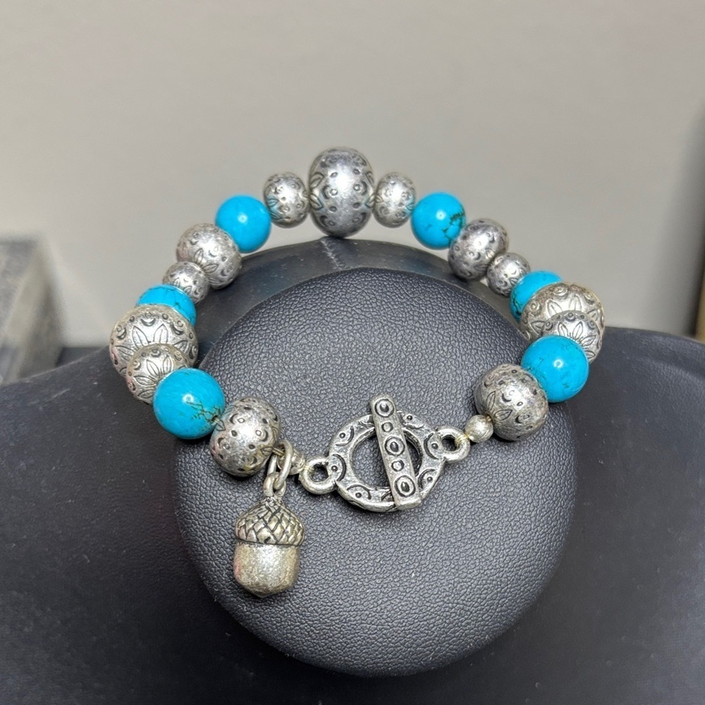 Turquoise Silver Tone Beaded Acorn Charm Bracelet